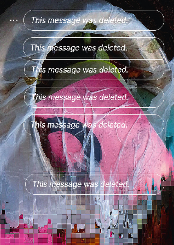 This message was deleted. soaking wet printed matter in a white plastic bag in an old kitchen pot full of rainwater and leaves. deleted chat message text.