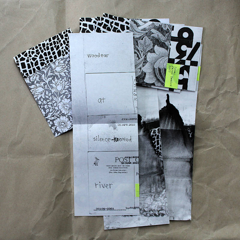 from: Jared Demick, 2022 Printed copies of a four-postcard-poem by Jared Demick. Some covers show a defective runny laser print.
