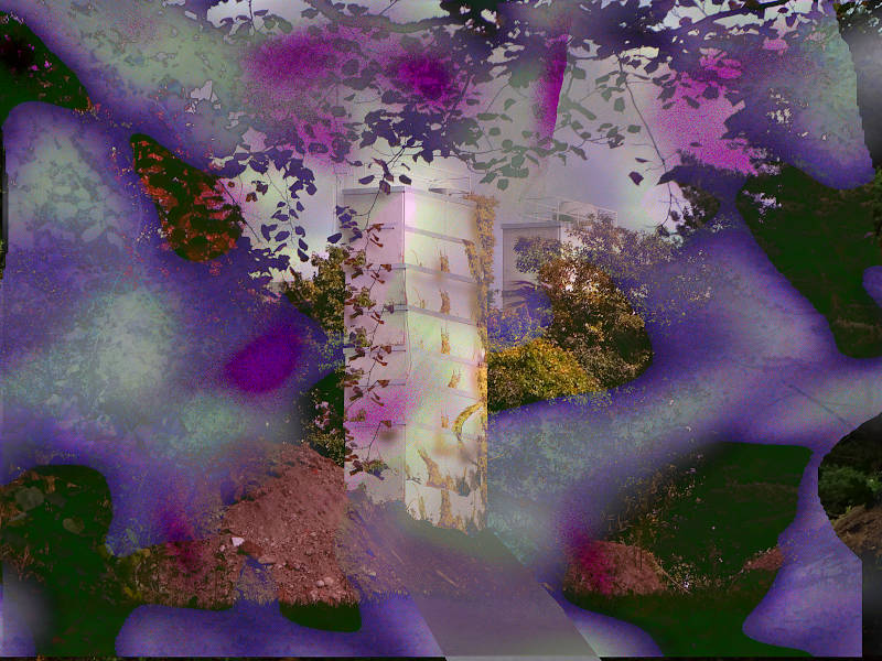 photographic view through trees and plants on a mud hill and two silo city buildings, a tower is repeated, repeated floor by floor