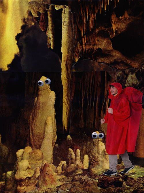 white guy from an outdoor equipment catalogue with a huge backpage and a red rain coat is walking inside a mysterious cave. There are stalagmites and stalactites, two of them have googly eyes