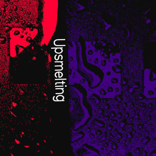 square cover design for unreleased unknown artist. fragmented black vector wet drop texture, left side red background, right side purple background. title in a sans serif typeface: UPSMELTING