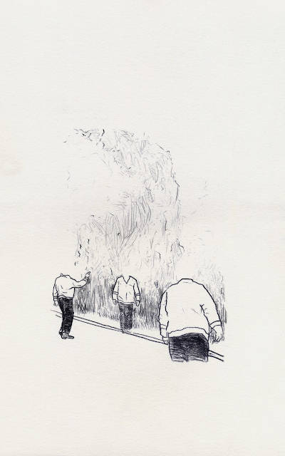 carbon trace drawing of some firemen (without head) at the edge of some huge fire