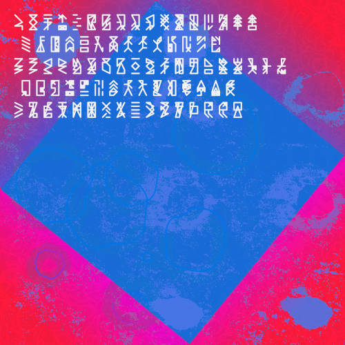 square cover design for unreleased alien music. there’s a blue rotated square on a pink background and many strange geometric glyph drawings in white color on top.