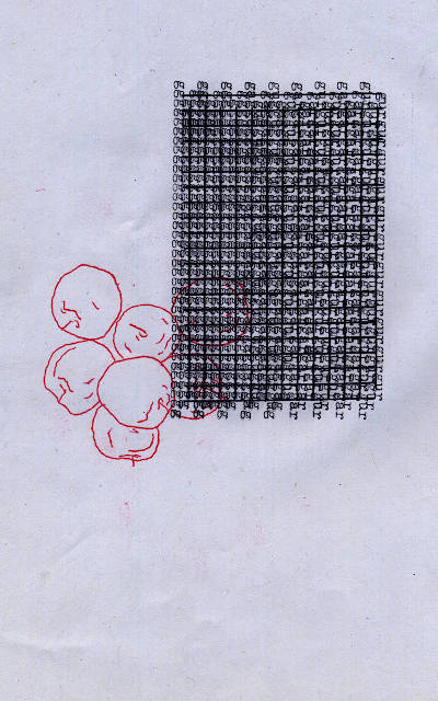 typewriter drawing, a grid of various repeated letters and lines, including red outline drawing of some apples