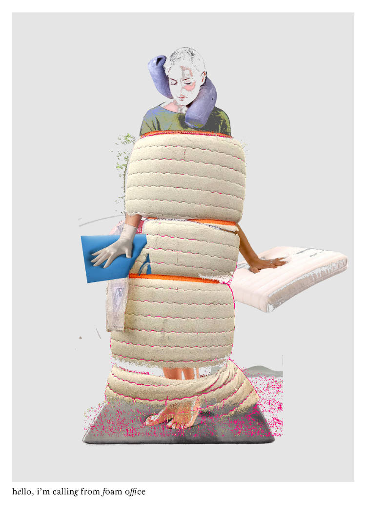 hello, i’m calling from foam office a strapped mattress as body, two hands touching memory foam material, a head turns around a foam neck roll, feet standing on memory foam form a strange new body avatar, digital collage