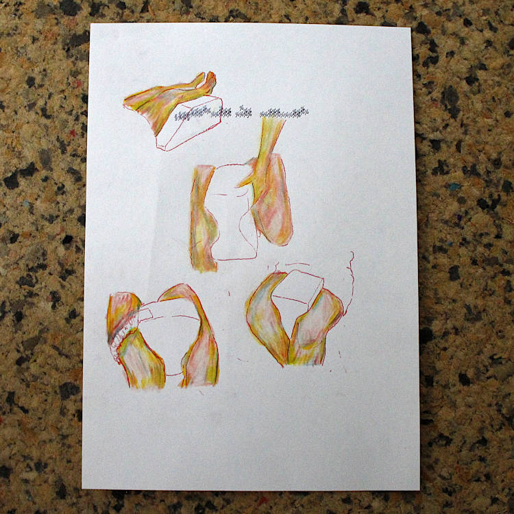 foam office drawing with colored pencil and tracing wax paper. four pair of legs holding foam objects
