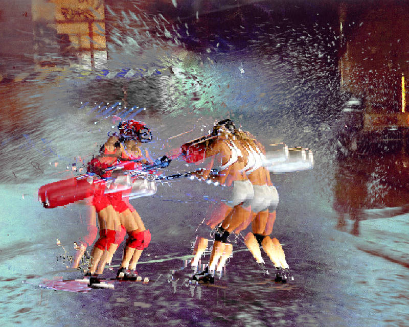 foam fight two actresses from the tv show American Gladiators fighting with giant foam q tipps in a backyard background, where some ancient fireman doin foam extinguishing work. Digital collage