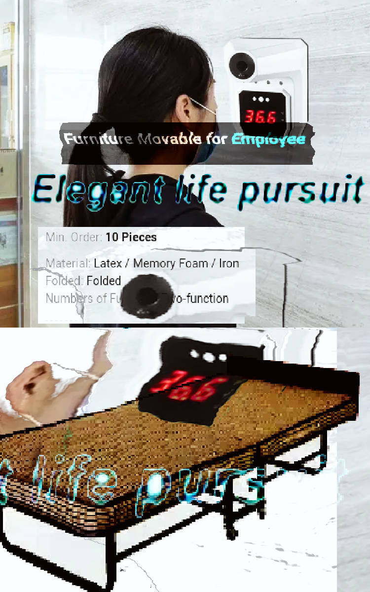 foam pursuit product pictures. Multifunctional Employee punch card time attendance machine with access control. a person with mask is waiting for access infront of it. A factory wholesale folding bed. Furniture movable for employee. Elegant life pursuit. Digital Collage