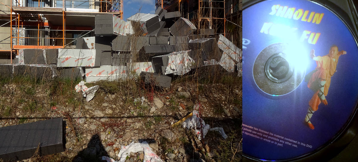 left picture: overturned pyramid of black insulation foam blocks. right picture: dvd shaolin monk doing a kung fu move with powerful light reflection