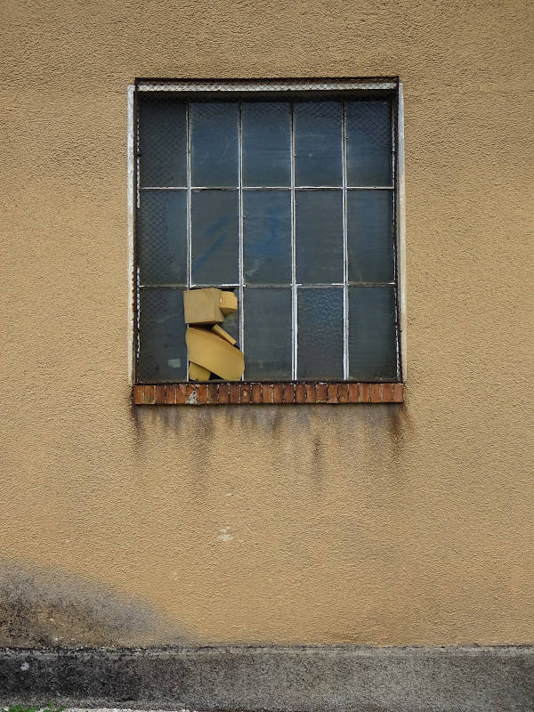 the shattered glass windows in the old foam office factory building are stuffed with foam