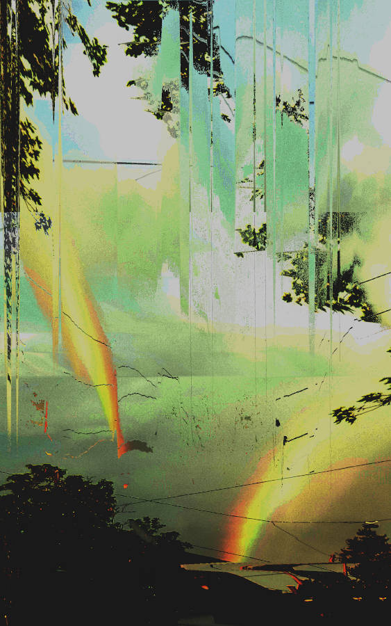 photographic picture of a street scene with a rainbow in the background heavily edited and glitched. the rainbow has a much more dramatic appearance, also there are two of them now.