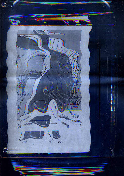 wavy meander valley scan image. illustration from a wikipedia page about meander valleys. shows a drawing of a schematic valley with a river curve, german description text. glitch distorted wavy image