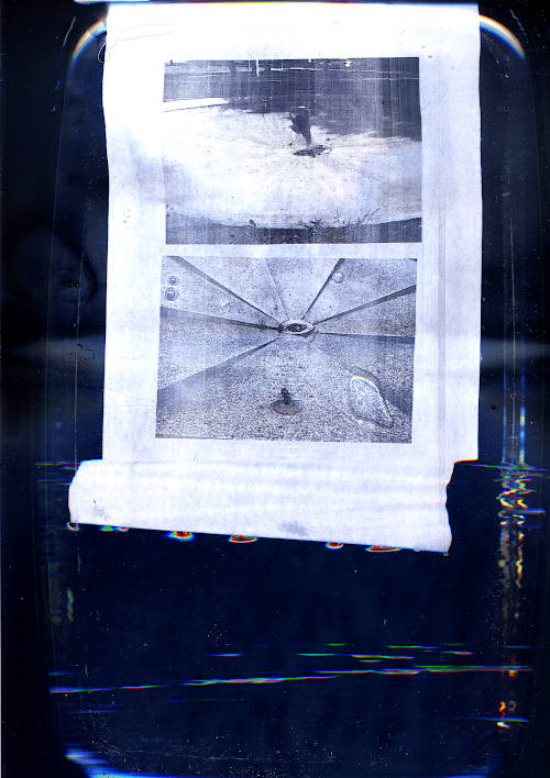 dry public fountains scan image. dry public fountains are empty concrete fountains but there is no water inside. this scan variant very distorted at the bottom of the floating page
