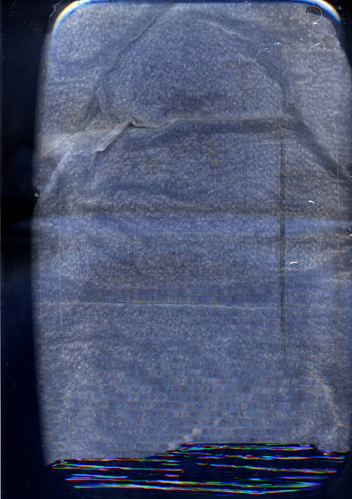 cleaning process scan image. large tissue paper inside the water all wet. the water appears clear now