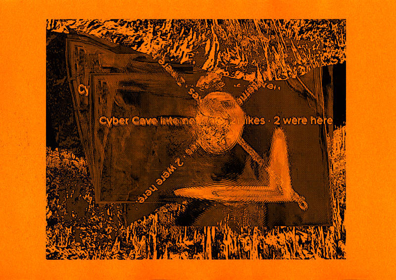 CYBERCAVE black laser print on orange neon paper. A deformed map indicates the location of a place that is labelled with typical social media tags