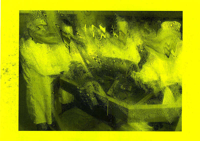 Behind the Cave (operators) black laser print on yellow neon paper. A group of people with white coats standing around a machine, operating the machine. The image is distorted and the faces wobble in glitch