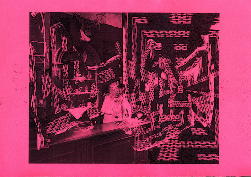 black laser print on pink neon paper. A waiter stands behind an old wooden counter in a coffeehouse. A labyrinth world from a cyber game is next to the person and also overlaying the image