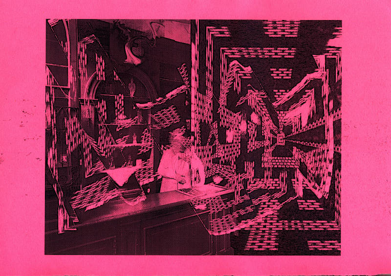Next Please! black laser print on pink neon paper. A waiter stands behind an old wooden counter in a coffeehouse. A labyrinth world from a cyber game is next to the person and also overlaying the image