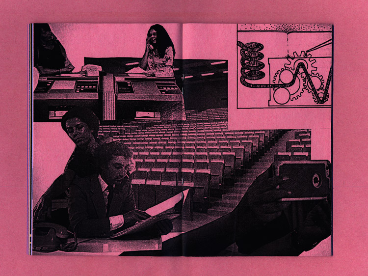 pink paper. a collage of people using phones in an empty university audimax room