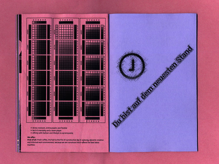 left page, pink paper, a contemporary absurd job offer making a fetish out of coffee and work motivation. above a color map, printed in grayscale makes no sense, no? right page, purple paper, the instagram message “You are up to date”, but it is rotaded slightly so the checkmark icon looks like a clock