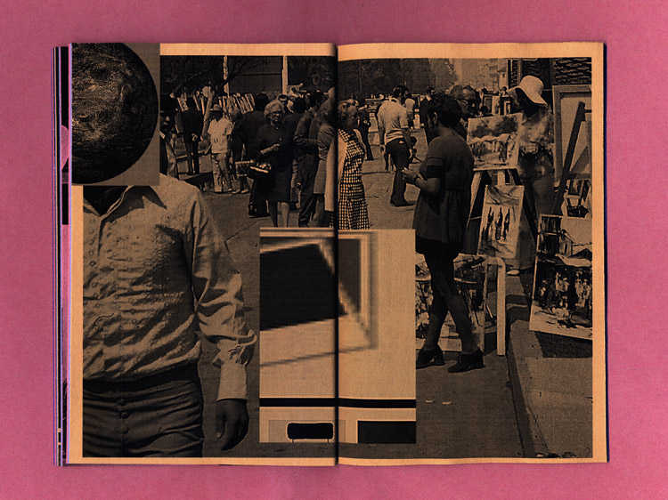 double page image on cream paper. the same person from previous page but with a different globe now on his head. the image expanded to the right and shows a market scene, somewhere in mexiko. a woman is selling art paintings