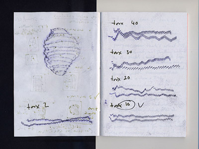 sketchbook pages with drilling traces made with a star shaped screw driver drilling machine. different strokes labelled »torx 40, torx 30, torx 20, torx 10«. Colours are bit washed out because the paper is too thin to hold fixation of the carbon really well…