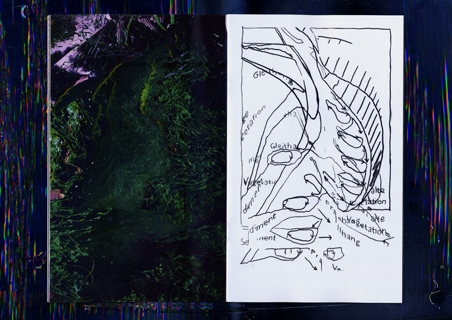 schematic drawing of a meander valley with german descriptive text and a dark green swamp image next to it