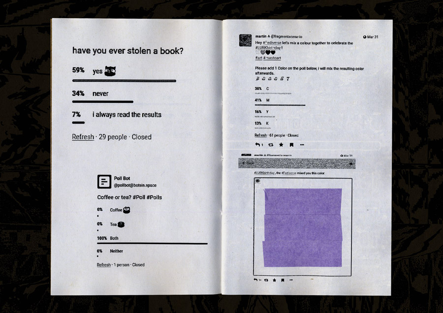 more poll results. have you ever stolen a book? 59% yes, 34% never, 7% i always read the results. 29 people voted. Second poll: coffee or tea? 0% coffee, 0% tea, 100% both. 1 person voted. Third poll is a collaborative color mixing poll: 30% Cyan, 41% Magenta, 16% Yellow, 13% Black. 61 people voted. The resulting color is a light purple.