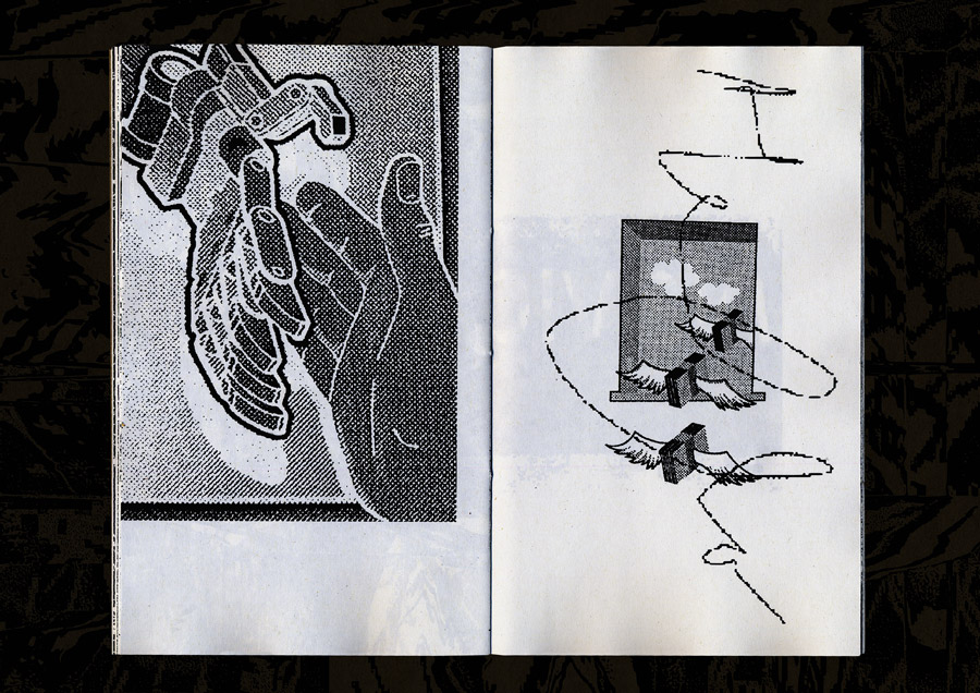 left page: illustration of a robot hand reaching a human hand. right page: clipart illustration of 3 bundles of money with wings flying through an open window. the word Hello is written on top of it, poorly handwritten with a laptop nipple mouse.