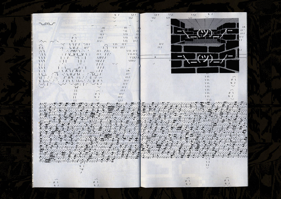 ascii art illustration of the ascii shrug emoji. the emoji has been processed through several other image-to-ascii-art generators. the result is pure chaos. also there’s a screenshot of the shrug emoji inside the classic windows 95 screensaver maze